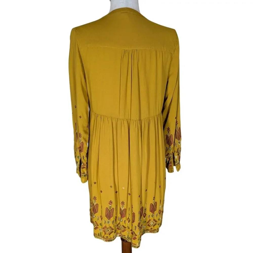 Womens S Boho Long Sleeve Dress Embroidered V Neck Gold Mustard Yellow Hippie - Picture 5 of 14